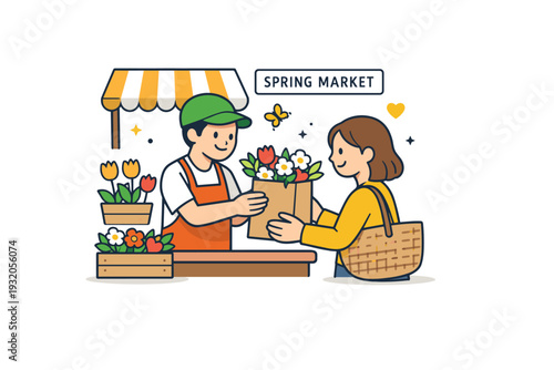 Spring market showing a friendly vendor handing a paper bag of flowers to a smiling customer, evoking warmth, local community, and cheerful seasonal shopping.