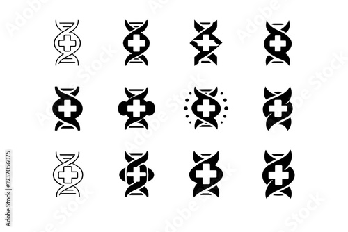 Innovations in biotechnology for healthcare. Icon set. Set Logo of innovations in biotechnology for healthcare: DNA helix with medical cross. harmonious logo