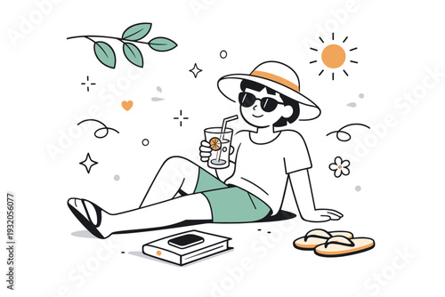 Self care summer. A relaxed person sitting in the shade with a drink and sunglasses, enjoying a quiet moment of rest. The scene feels calm and refreshing, with