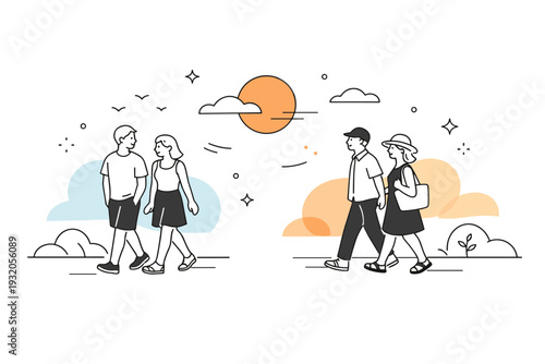 Summer evening calm. People walking slowly under a warm sunset sky with soft clouds and gentle light, enjoying cooler air after a hot day. Relaxed mood with
