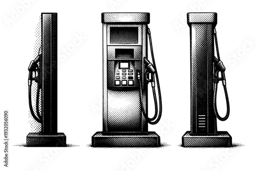Gas pump side profile column. A realistic gas pump shown as a tall column is depicted as one object presented in three different views focusing on side profile