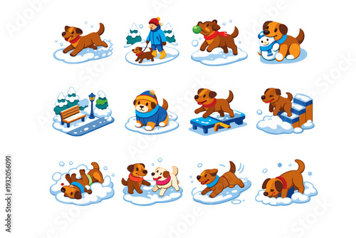 Winter Pet Activities. Colorful isometric vector icons set of Winter Pet Activities: dog running outdoors, snowy walk, winter fetch game, dog with snow toy,