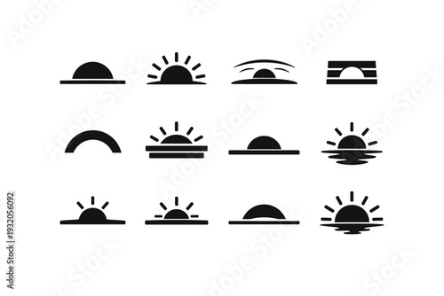 Sunrise. Solid icon set of Sunrise: sun half up, sun rays spread, glowing horizon, layered sky, rising light, sun arc, dawn sky bands, minimal sunrise, sun