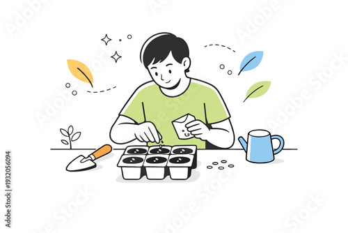 Planting seeds. A person gently placing seeds into small soil pots on a table, showing careful preparation and growth anticipation. Calm, focused indoor