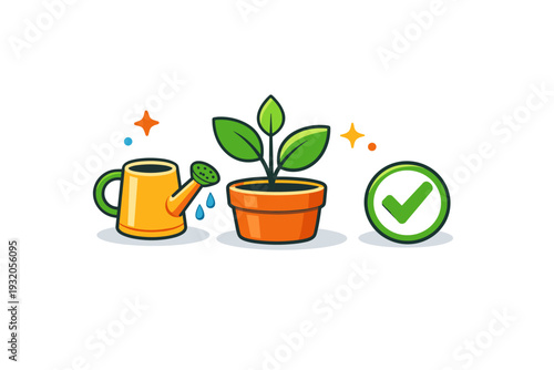 Plant care routine visualized by a tidy plant set with a small watering can and checkmark, representing attention consistency and healthy indoor growth.