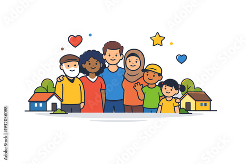 Community neighborhood gathering with diverse people standing together, small homes and trees in the background, and subtle heart and star icons, conveying