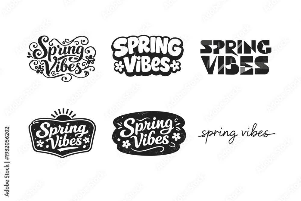Fototapeta premium Spring Vibes. Set lettering. harmonious lettering variations of the same emblematic concept, each with different artistic interpretation (Whimsical curly type