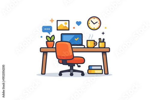 Remote work represented by a cozy home workspace with a chair, desk, and coffee cup, conveying comfort, routine, and personal productivity. A friendly and