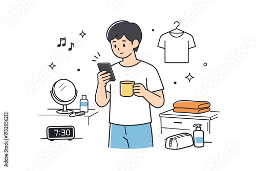 Everyday routine. A person checking a phone while getting ready, with simple household items around. The mood is focused yet relaxed, showing a natural daily