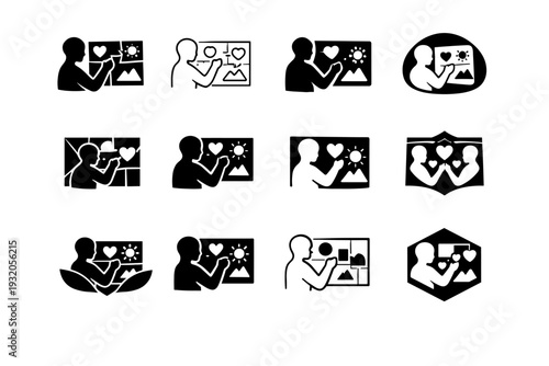 A person creating a vision board with emotional goals and aspirations for the future. Icon set. Set Logo of A person creating a vision board with emotional