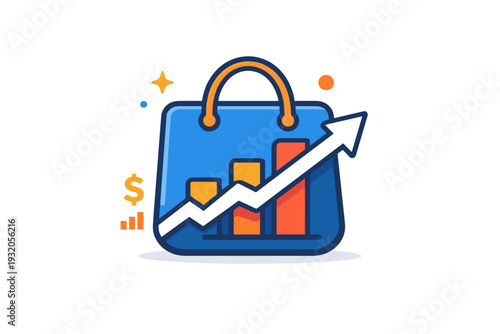 Ecommerce analytics and growth visualized through a rising chart integrated with a shopping bag, symbolizing performance tracking and business scalability.