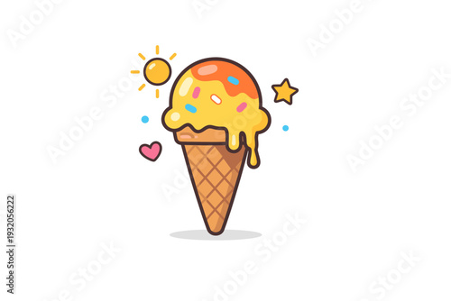 Summer sunshine depicted as a fresh ice cream cone melting slightly in bright sunlight with small sprinkles around, conveying playful sweetness, seasonal