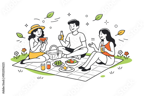 Picnic in the park. A small group enjoying a picnic on a blanket with fresh fruits and drinks, surrounded by green grass and flowers. Relaxed, joyful summer