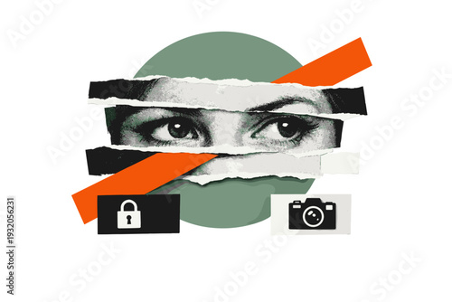 A black-and-white pair of watching eyes cropped from a vintage portrait, fragmented into layered collage pieces, overlapped with a large muted green circle and