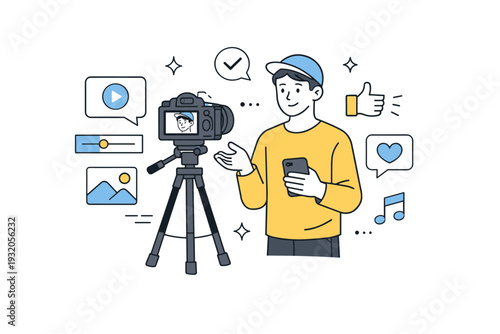 Video content production. A person recording a short video with a camera and tripod, simple interface elements nearby. Calm confident mood of creating visual