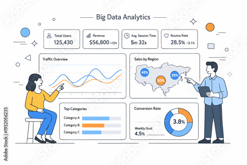 Big data analytics dashboards. A clean dashboard interface with charts and data cards arranged in a balanced layout, showing calm data exploration. The scene