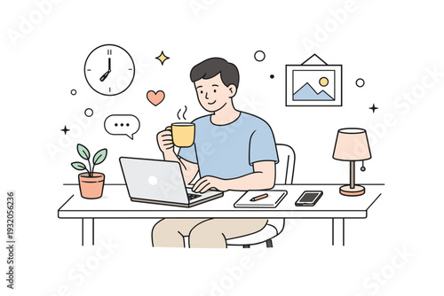 Work from home routine. A person starting the day with coffee and a laptop at a simple home desk, expressing balance between comfort and productivity. Calm