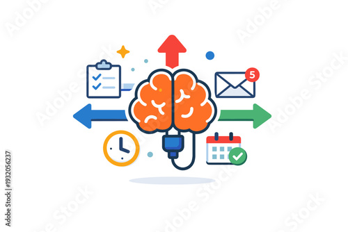 ADHD productivity culture visualized as a brain icon plugged into multiple workflow arrows and notifications, expressing cognitive load performance anxiety and