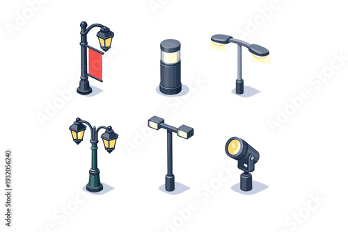 urban lighting. Isometric flat vector icons set of urban lighting: street lamp with banner, sidewalk bollard light, overhead road light, decorative lamp,