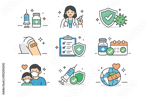 Public health vaccination icons. A friendly editorial icon collection showing vaccination-related symbols used in public health messaging. The mood is neutral,