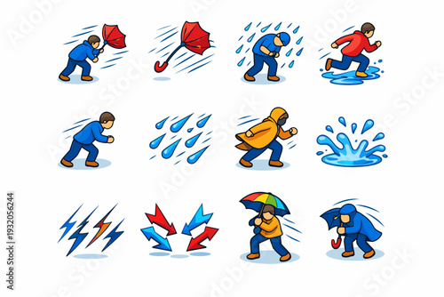 Umbrella Struggle. Colorful isometric vector icons set of Umbrella Struggle: person bracing wind, umbrella bending, strong rain impact, slippery ground,