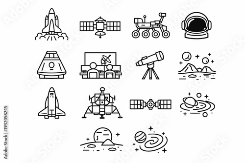 Space Exploration. Line icon set of Space Exploration: rocket launch, satellite, space rover, astronaut helmet, space capsule, mission control, telescope,