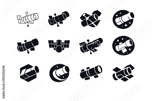 Space telescope. Icon set. Set Logo of telescope: telescope tube. harmonious logo variations of the same emblematic concept, each with different artistic