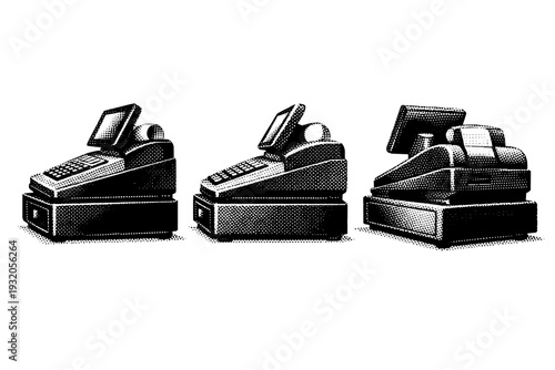 Cash register side profile. A realistic cash register is shown as one object presented in three different views focusing on side profile depth, stepped