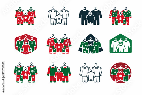 Wearing matching family pajamas for Christmas. Icon set. Set Logo of Wearing matching family pajamas for Christmas: christmas pajamas hanger icon. harmonious