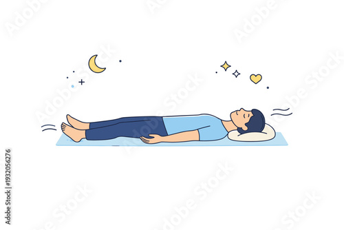 Relaxation yoga pose. A calm scene with a person lying in a resting pose, arms and legs gently relaxed. Deep rest, recovery, and comfort shown with plenty of
