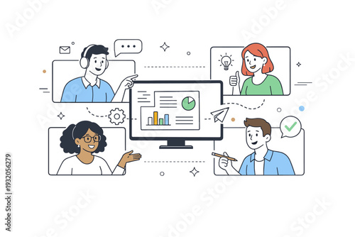 Virtual teamwork. A group of colleagues appearing on screens during a video call, smiling and interacting while working on a shared task. Modern, connected