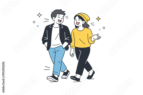 Laughing in everyday life. Two people walking and laughing side by side, relaxed movement and friendly expressions. Simple joyful scene with airy composition.