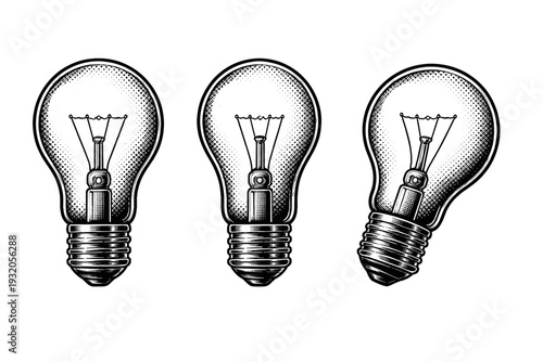 Light bulb icon classic incandescent bulb shown as the same bulb in front view, side view, and three-quarter view, focusing on glass envelope shape, filament