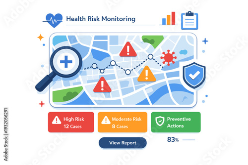 Health risk monitoring illustrated through a clean map interface marked with warning icons and data points, expressing surveillance, prevention and informed