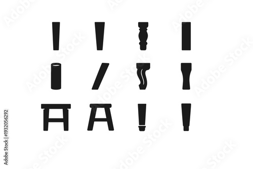 Wooden chair leg. Solid icon set of Wooden chair leg: straight chair leg, tapered chair leg, turned chair leg, square chair leg, round chair leg, angled chair