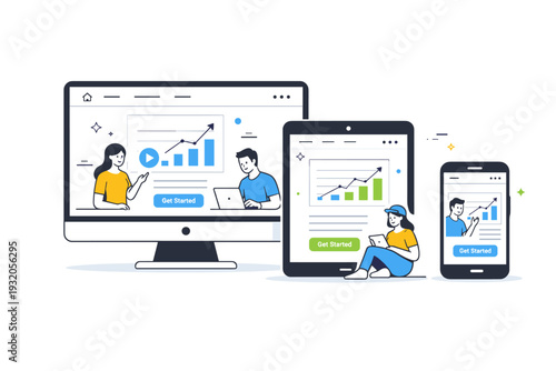 Responsive design concept. Multiple device screens aligned together, consistent interface adapting across desktop, tablet, and mobile, sense of flexibility and