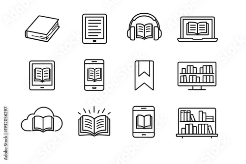 Modern Literature. Line icon set of Modern Literature: paperback book, ebook reader, audiobook headphones, laptop reading, tablet book, smartphone reading,