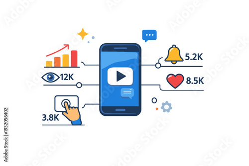 App engagement metrics shown as lightweight bars and icons connected to a phone, conveying performance, attention, and user interaction patterns. Minimalist