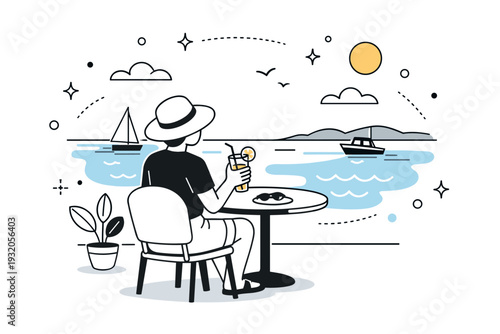 Coastal cafe view. Person sitting at a small table near the water, coffee or lemonade in hand, watching gentle waves and distant boats, soft sunlight creating
