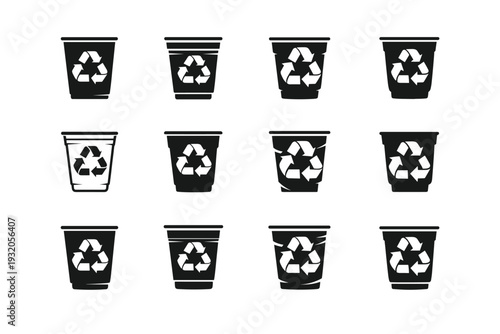 Plastic Cup. Icon set. Set Logo of Plastic Cup: recyclable plastic cup symbol. harmonious logo variations of the same emblematic concept, each with different