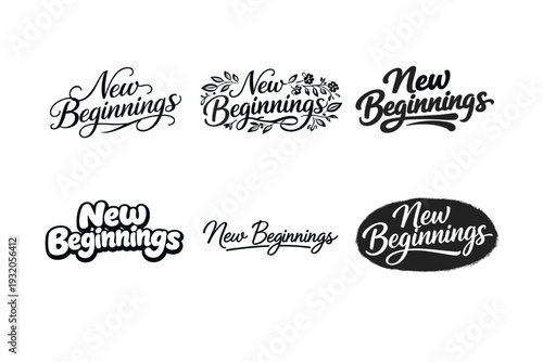 New Beginnings. Set lettering. harmonious lettering variations of the same emblematic concept, each with different artistic interpretation (Elegant script with