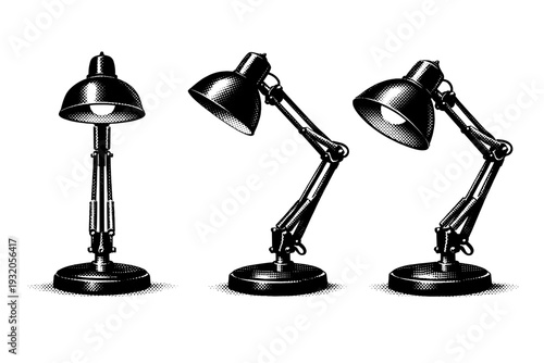 Desk Lamp ? Classic architect desk lamp presented in front view, side profile, and three-quarter view, emphasizing articulated arms, lamp head shape, and base