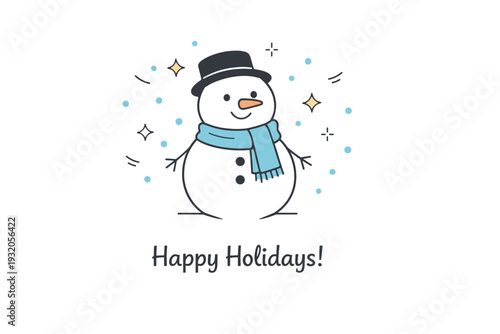 Snowman winter greeting. A friendly snowman with a scarf and simple hat, standing still in falling snow. Warm and welcoming mood, subtle stars and dots