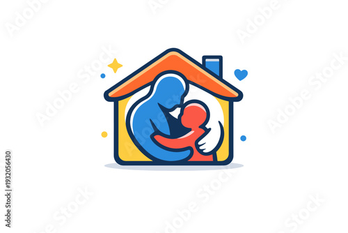 Parenting emotional safety represented by a small house shape embracing a parent and child silhouette, suggesting comfort, security and belonging. A soft