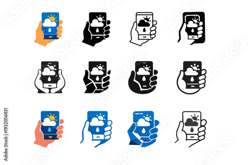 Checking a weather app before going out. Icon set. Set Logo of Checking a weather app before going out: hand holding phone with forecast symbols. harmonious