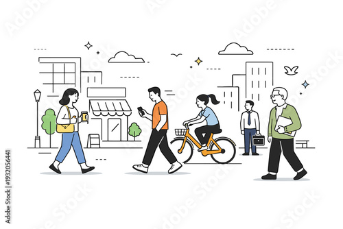 Urban life routine. People walking through a modern city street, calm everyday movement between buildings. Balanced rhythm of city living with simple