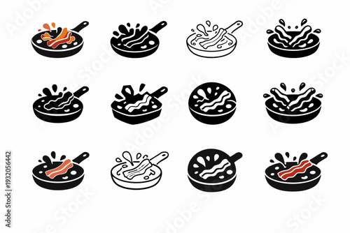 Bacon fat on a pan. Icon set. Set Logo of bacon fat on a pan: grease splash pattern. harmonious logo variations of the same emblematic concept, each with