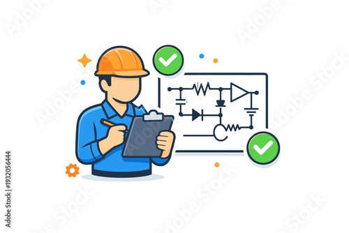 Electrical engineer circuit diagram represented by a character reviewing a completed schematic with subtle check icons, conveying validation, reliability, and
