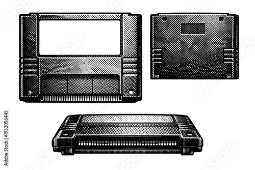 Retro game console game cartridge rigid plastic cartridge with label area, grip grooves, and connector edge, accurately scaled. Black and white dot style with
