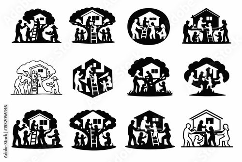 A family building a treehouse or playhouse in the backyard. Icon set. Set Logo of A family building a treehouse or playhouse in the backyard: children and